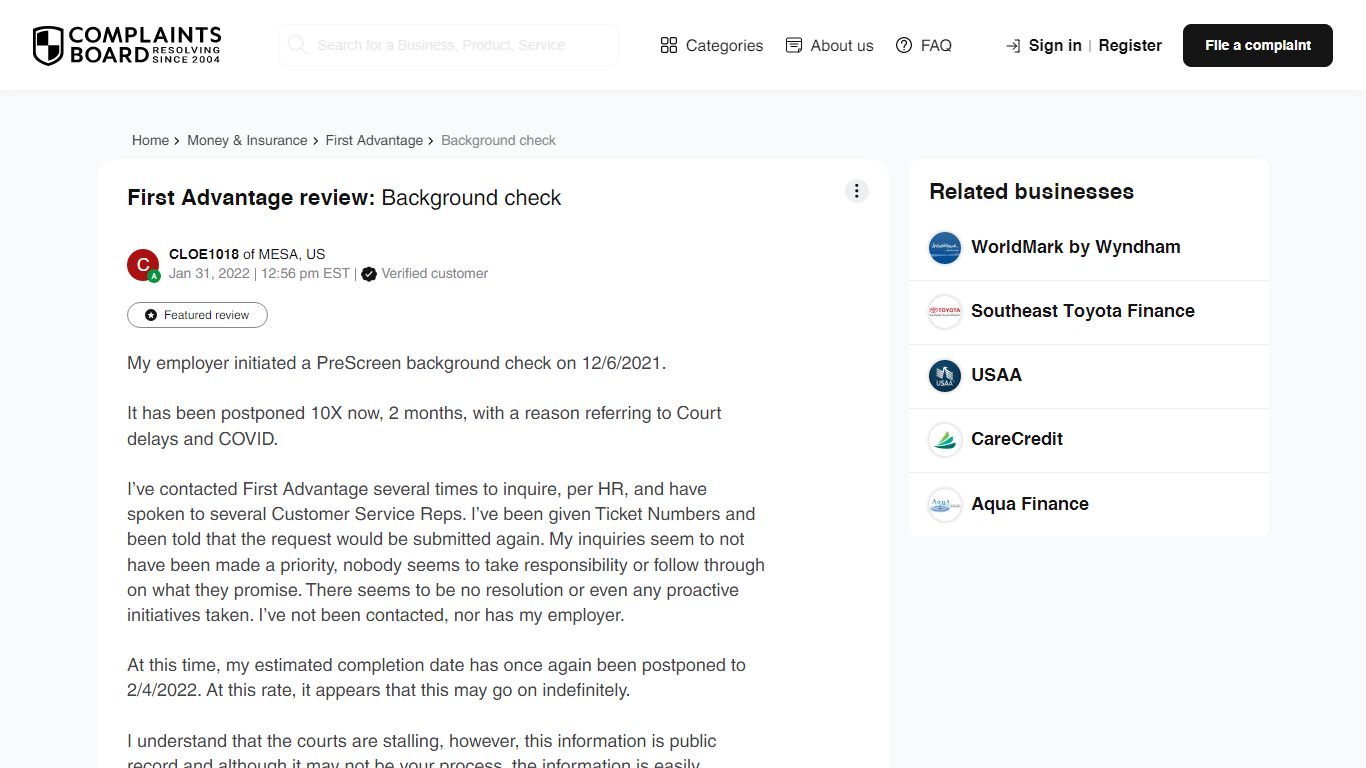 First Advantage review: Background check - Complaints Board